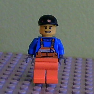 LEGO Minifigure-Overalls with Safety Stripe Orange, Orange Legs, Black Short Bill Cap, Brown Eyebrows and Open Smile-Town / City-CTY365-Creative Brick Builders